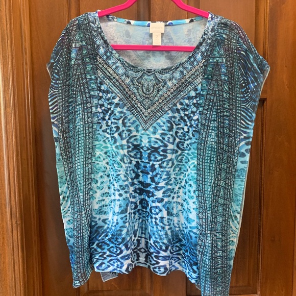Chicos blue animal print top. Embellished neck. Size 2. Medium. - Picture 1 of 6